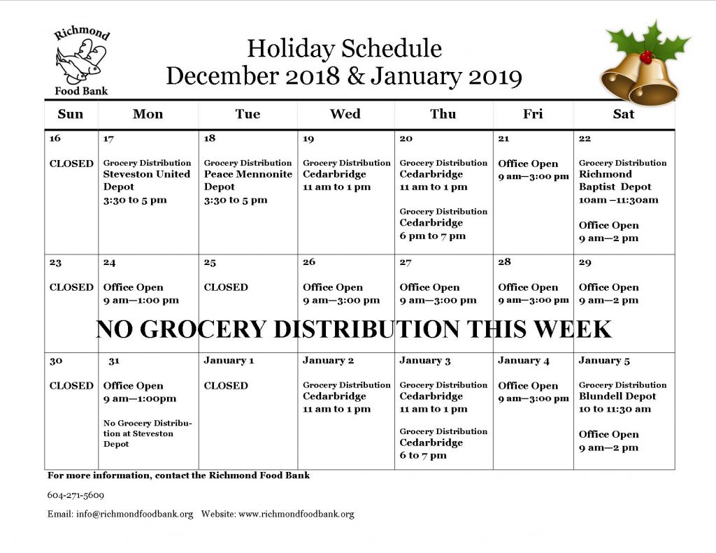 December 2018 Hours of Operation &amp; Grocery Distribution Schedule | Richmond Food Bank Society