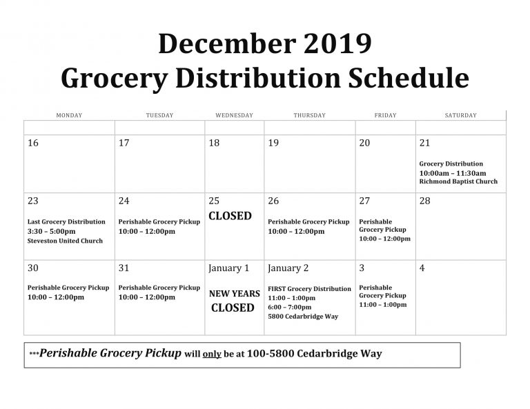 December 2019 Hours of Operation &amp; Grocery Distribution Schedule | Richmond Food Bank Society