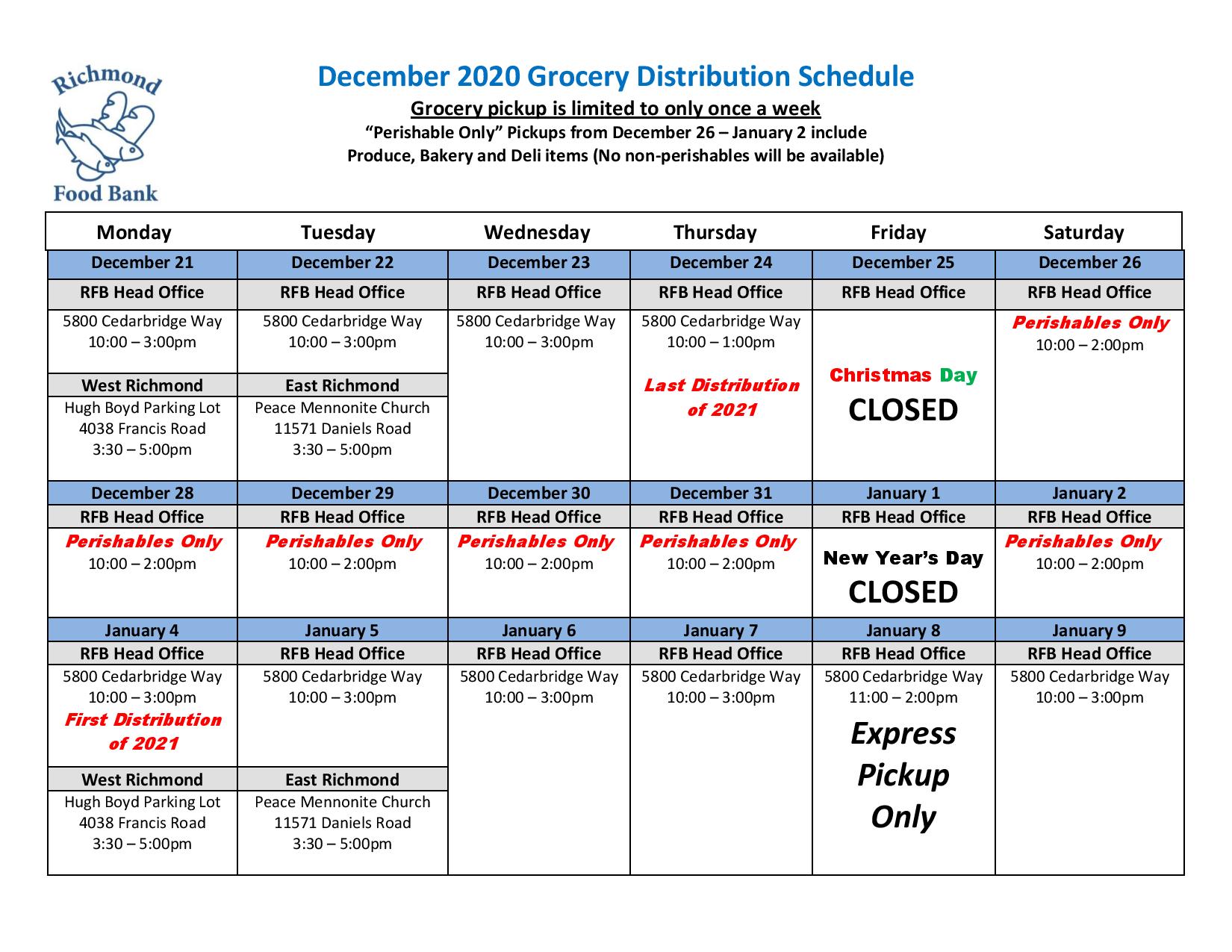 2020 December Grocery Distribution Schedule page 001 Richmond Food 